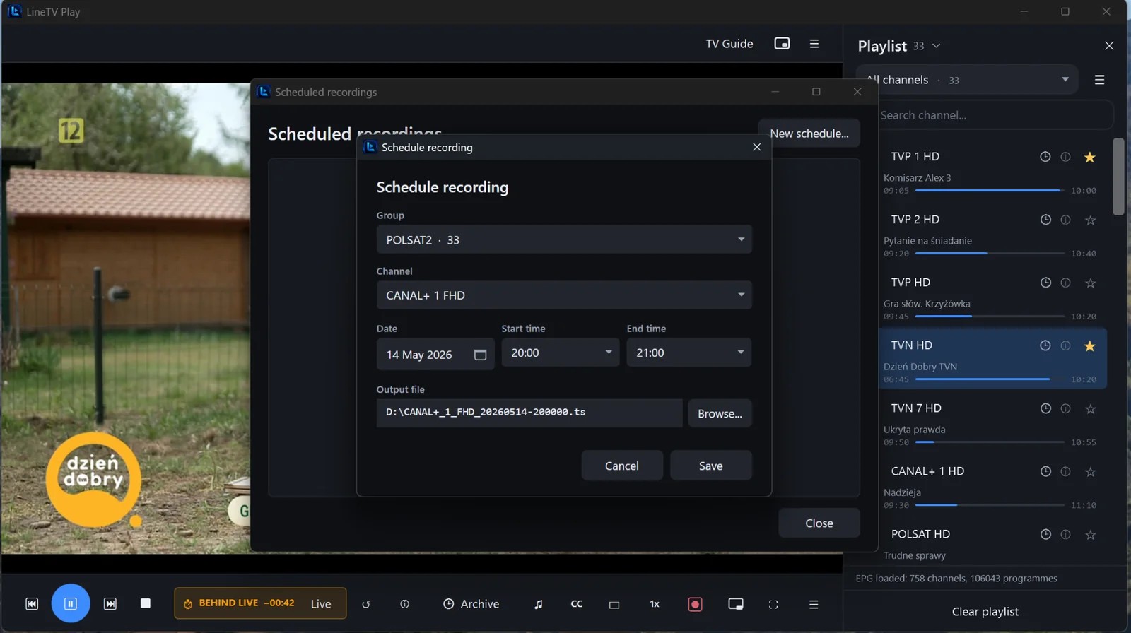 Scheduled recording dialog